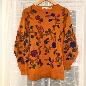 Rare Vintage 90s Y2K Orange Floral Embroidered Oversized Knit Sweater, Size M
